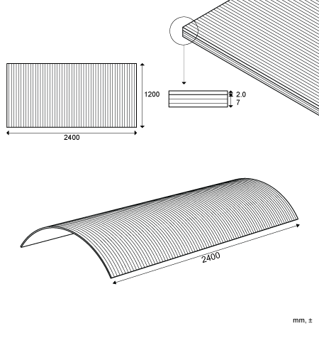 Plexwood® Bendable design wood paneling with a reversed lam wood veneer ply