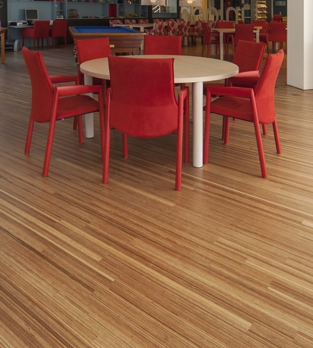 Plexwood® Avondzon ouderen verzorgingstehuis detail van een fijn gestreepte meranti solide multiplex rand vloer met tafels en stoelen 
