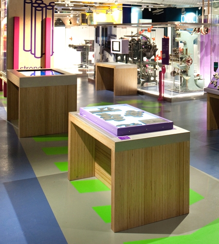 Plexwood® Birmingham Science Museum exhibition tables in birch vertical cut veneer plywood