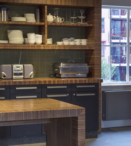Plexwood® De Wartburg kitchen interior cabinetry and tables in decorative meranti top-glued veneer plywood