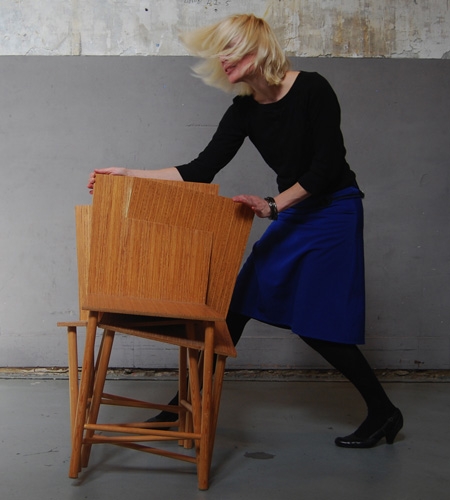 Plexwood® Ssstoel eccentric chair by Charlotte Girod with industrial sliced-up engineered pine veneer-ply