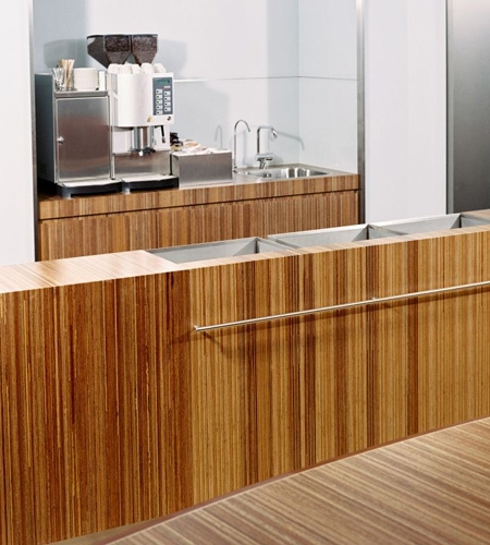 Plexwood® Consultancy Firm kitchenette with table detail in meranti maltese stacked plywood surface veneer
