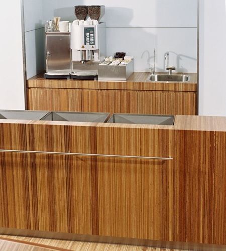 Plexwood® Consultancy Firm kitchenette overview in the coffee corners in meranti re-ply fineline