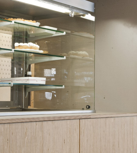 Plexwood® De Meeuwbeemd Elderly House food display counter detail in deal edged composite ply sandwich veneer