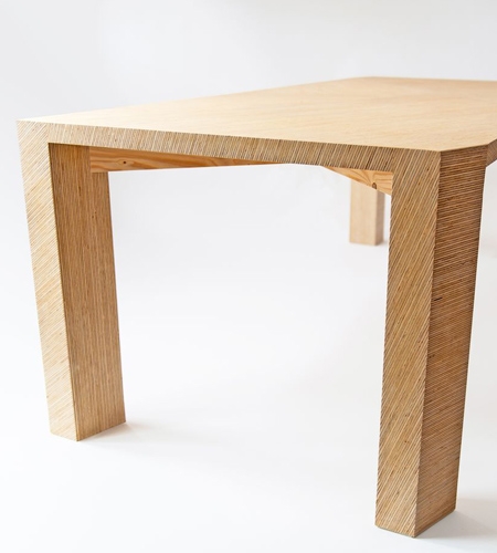 Plexwood® Deuvel Design detail of a geometric patterned table with solid deal sandwich composite veneer strips