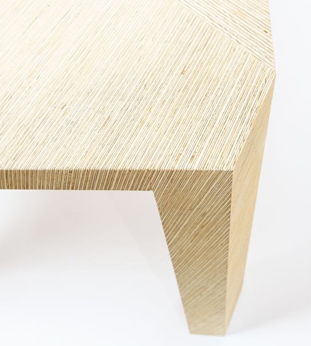 Plexwood® Deuvel Design detail of a geometric table design with solid deal sliced-up composite plywood veneers