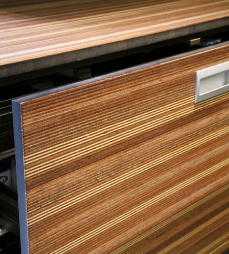 Plexwood® Pet Hospital Deventer chester drawer detail in black mdf and meranti inverse veneer plywood
