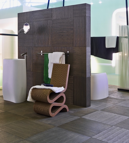 Plexwood® Hip ply-type poplar strip veneer tiles for flooring and wall covering with dark brown coloured varnish