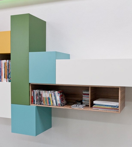 Plexwood® Kastwerk striking colourful wall hung cabinet detail with meranti stacked standing plywood veneer panels
