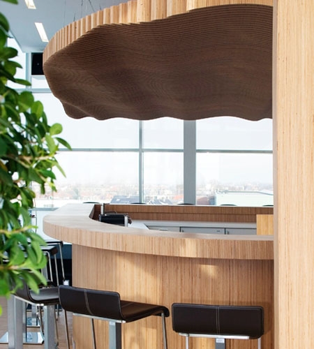 Plexwood® Koppert Machines relief ceiling, curved bar and wall in luxurious natural beech cladding
