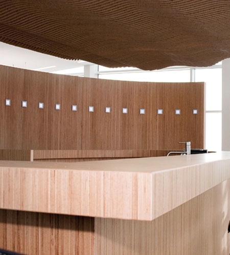 Plexwood® Koppert Machines detail of a round bar with relief ceiling and wall in high-end beech design paneling