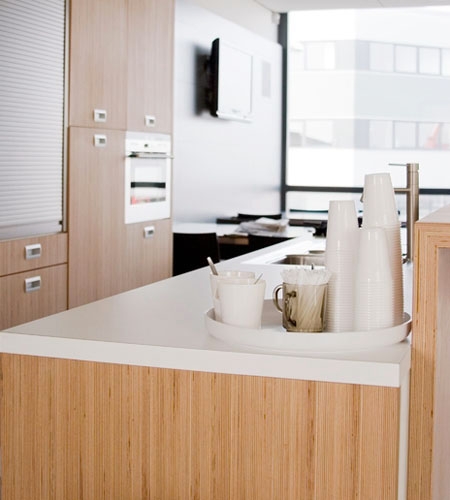 Plexwood® Koppert Machines kitchen counter detail with kitchen cabinetry in beech professional design wood veneer