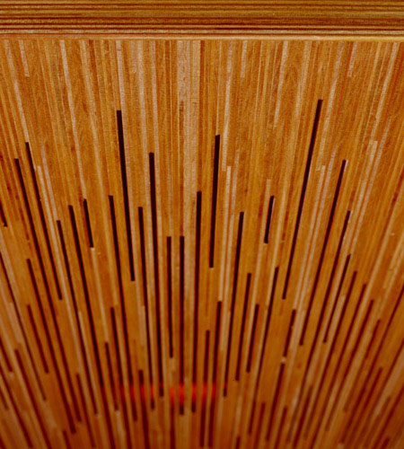 Plexwood® MuZIEum gift-shop display cnc routed detail in ocoumé short end plywood veneer