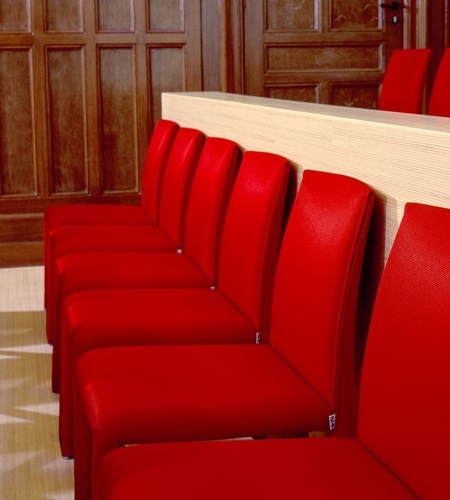 Plexwood® Nijmegen court room parquet floor with matching half-high partitioning in poplar re-lined plywood veneers