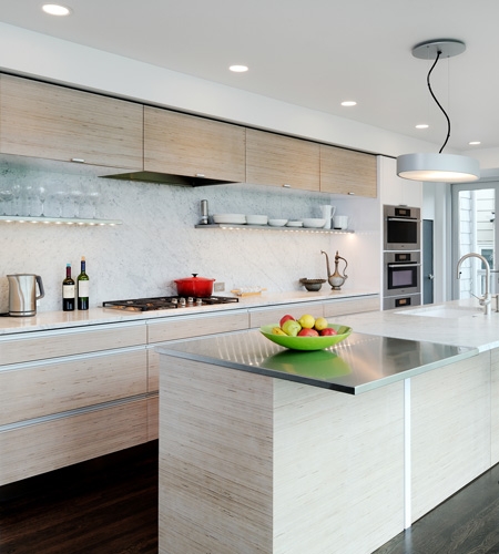 Plexwood® Private home living kitchen project from birch short end inverse plywood veneer panels