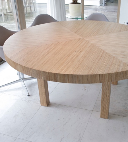 Plexwood® Residential kitchen round table detail with geometric pattern in birch single-ply reconstituted veneer