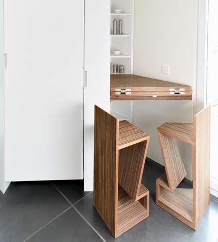 Plexwood® Residential kitchenette closed extended table-top and matching chairs for a small space