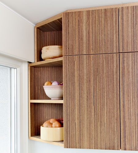Plexwood® Private home kitchenette door and open cabinetry detail in meranti top glued plywood veneer