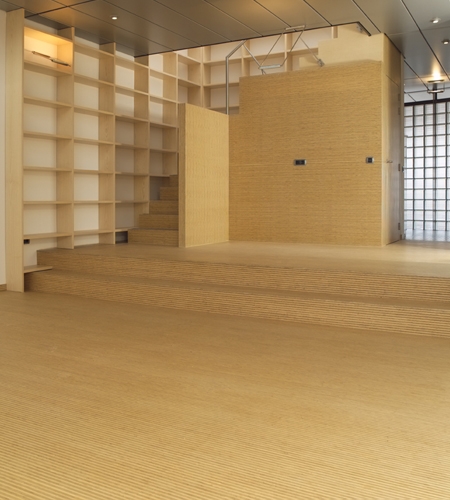 Plexwood® Rietveldplan living room bespoke woodwork floor with staircase and wall with integrated doors in deal