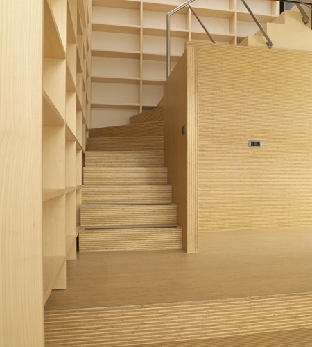 Plexwood® Rietveldplan villa floor wall stairs detail in high-end ply-lined deal wood veneer