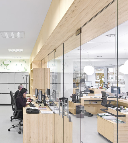 Plexwood® Rotterdam Entrepreneurs' House overview with desks, cabinets and divider wall in poplar smart composite ply
