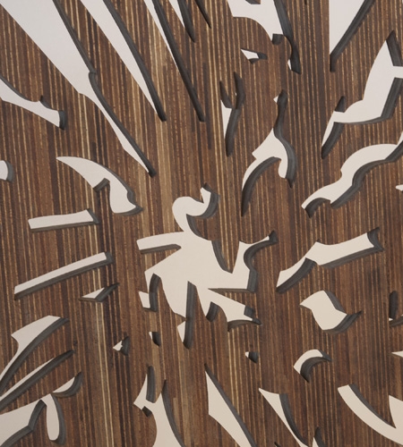 Plexwood® Secondnature detail of a waterjet milled abstract wooden sculpture sandwich ply on matching plywood substrate