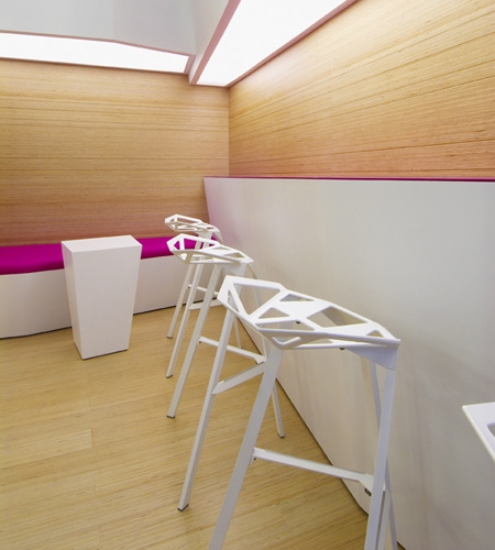 Plexwood® SoSushi modern sushi bar interior with birch floor, wall coverings and built-in seating