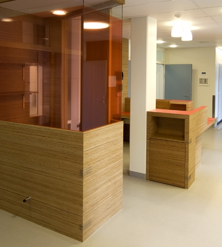Plexwood® St. Olav's hospital telephone cabinet and storage cabinet with pine end-grain veneer plywood panels