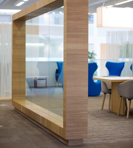 Plexwood® Co-op Group hq made of sustainable oak comprised surface veneer paneling