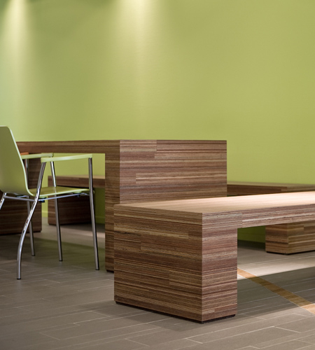 Plexwood® Health Center Twekkelerveld fresh, reading table and bench seats in meranti