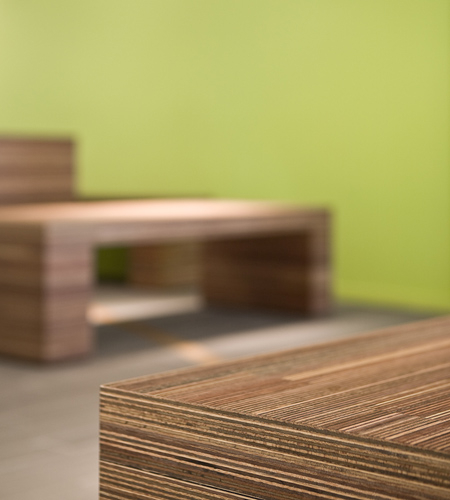 Plexwood® Twekkelerveld Primary Care Clinic bench seat edge detail in meranti interlaminar veneered plywood