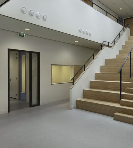 Plexwood®, Van Brienenoord school, centrale intensief gebruik trappengat zitting en trap van berken samengesteld gesneden multiplex