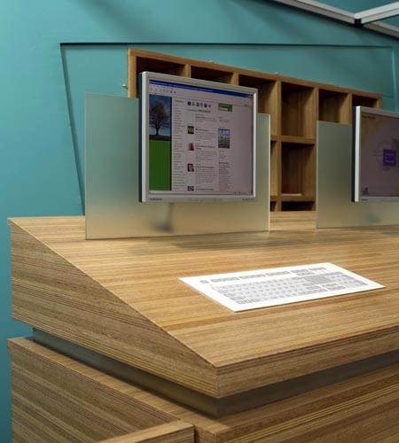 Plexwood® Van Hall Larenstein University central hall desk detail in meranti reverse glued-ply with integrated computer