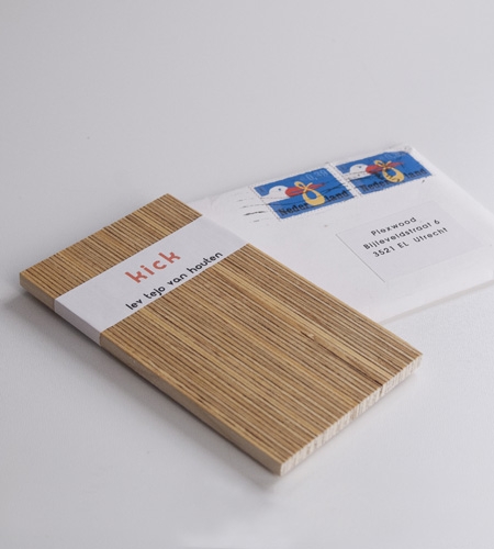 Plexwood® Van Houten family wooden baby announcement card in solid deal strips with vertical ply lining