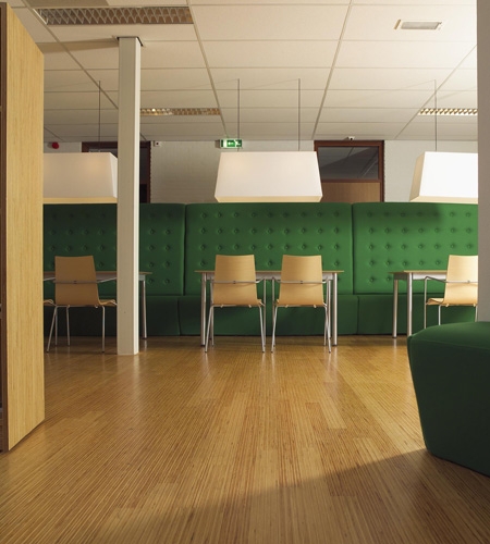 Plexwood® SHR lunchroom floor with green pine high performance solid linear plywood parquet