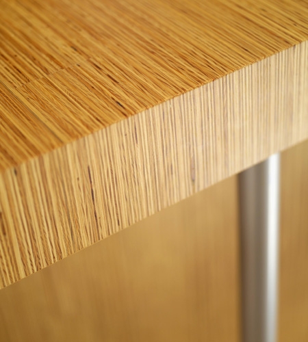 Plexwood® SHR table detail in pine re-stacked and clamped plywood veneer paneling