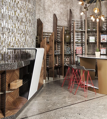 Plexwood® Skye & Walker bar front in plywood meranti geometric shapes