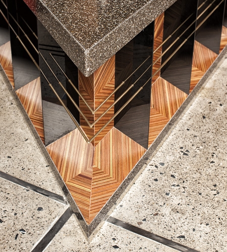 Plexwood® Skye & Walker restaurant at Marriott Executive Apartments Dubai, bar detail with geometric patterns