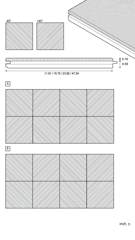 Geometric - Tile for floating or fixed flooring 45°, standard dimensions and build-up