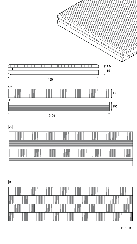 Géométrique - Planche de parquet flottant ou fixe pour sol 0°, 90°, dimensions standard et composition