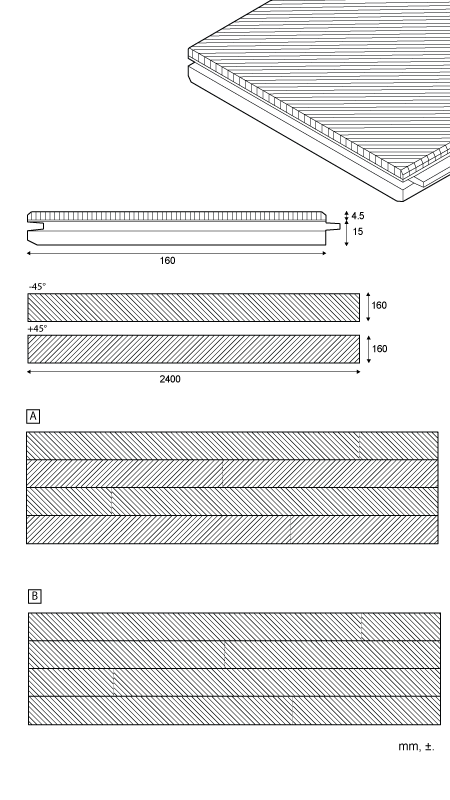 Géométrique - Planche de parquet flottant ou fixe pour sol 45°, dimensions standard et composition