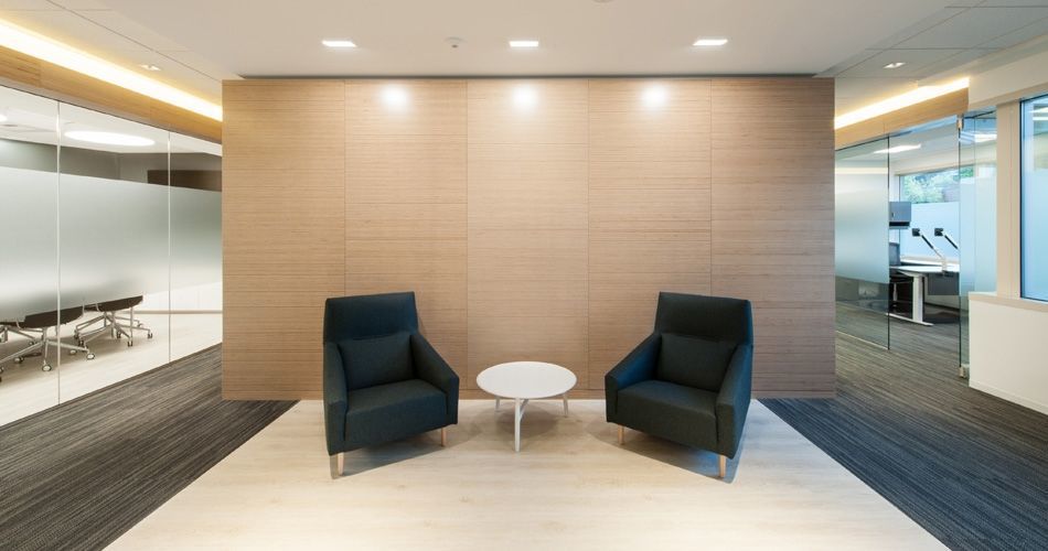 Plexwood® Contemporary office architecture with birch veneered wall partitioning