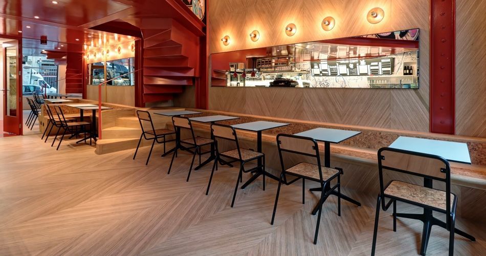 Plexwood® Charli Sale Brussels bakery, restaurant and take away café with Geometric patterned interior design