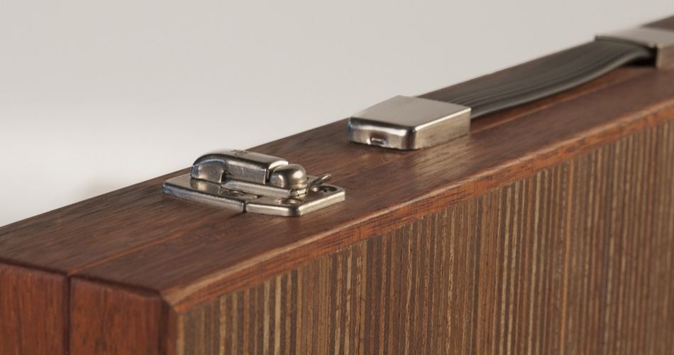 Plexwood® Berculo backgammon briefcase corner detail of engineered meranti resurfacing veneer plywood sheets