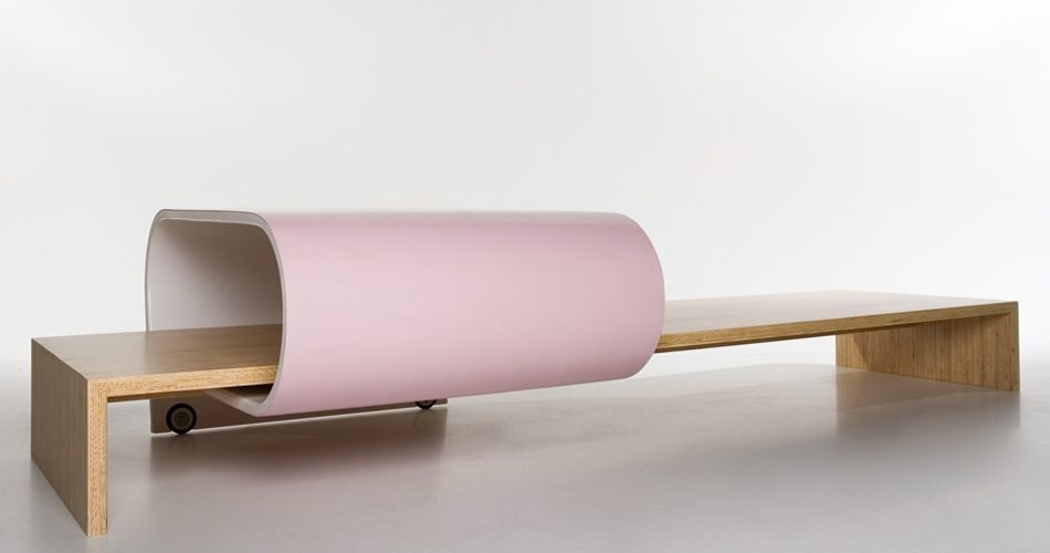 Plexwood® Sustainable elegant Slide Table by Breg Hanssen from re-striped pine plywood edges veneer