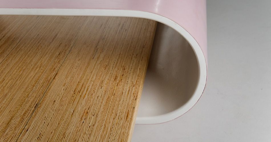 Plexwood® Breg Hanssen Slide Table detail with pine composite veneer plywood and round white HPL element