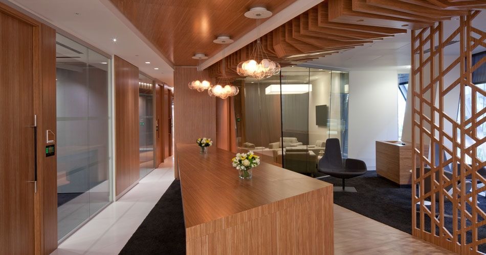 Plexwood® CBRE Global Investors state of the art integrated office interior design concept in ocoumé laminated plywood