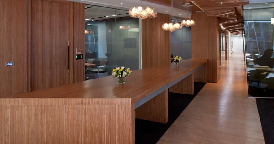 Plexwood® CBRE Global Investors integrated green office interior architecture in ocoumé cross-banded surface veneer