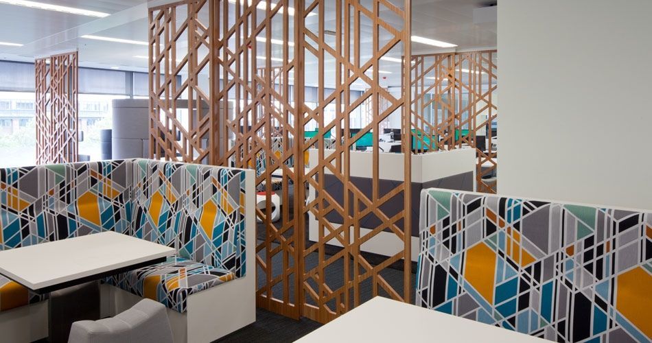 Plexwood® CBRE Global Investors cnc cut open wall partitioning screens in ocoumé inverse veneer plywood