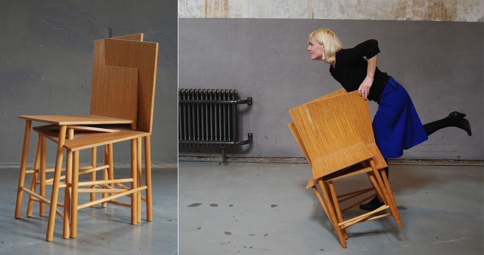 Plexwood® Ssstoel eccentric chair design by Charlotte Girod with seating of pine re-ply veneers